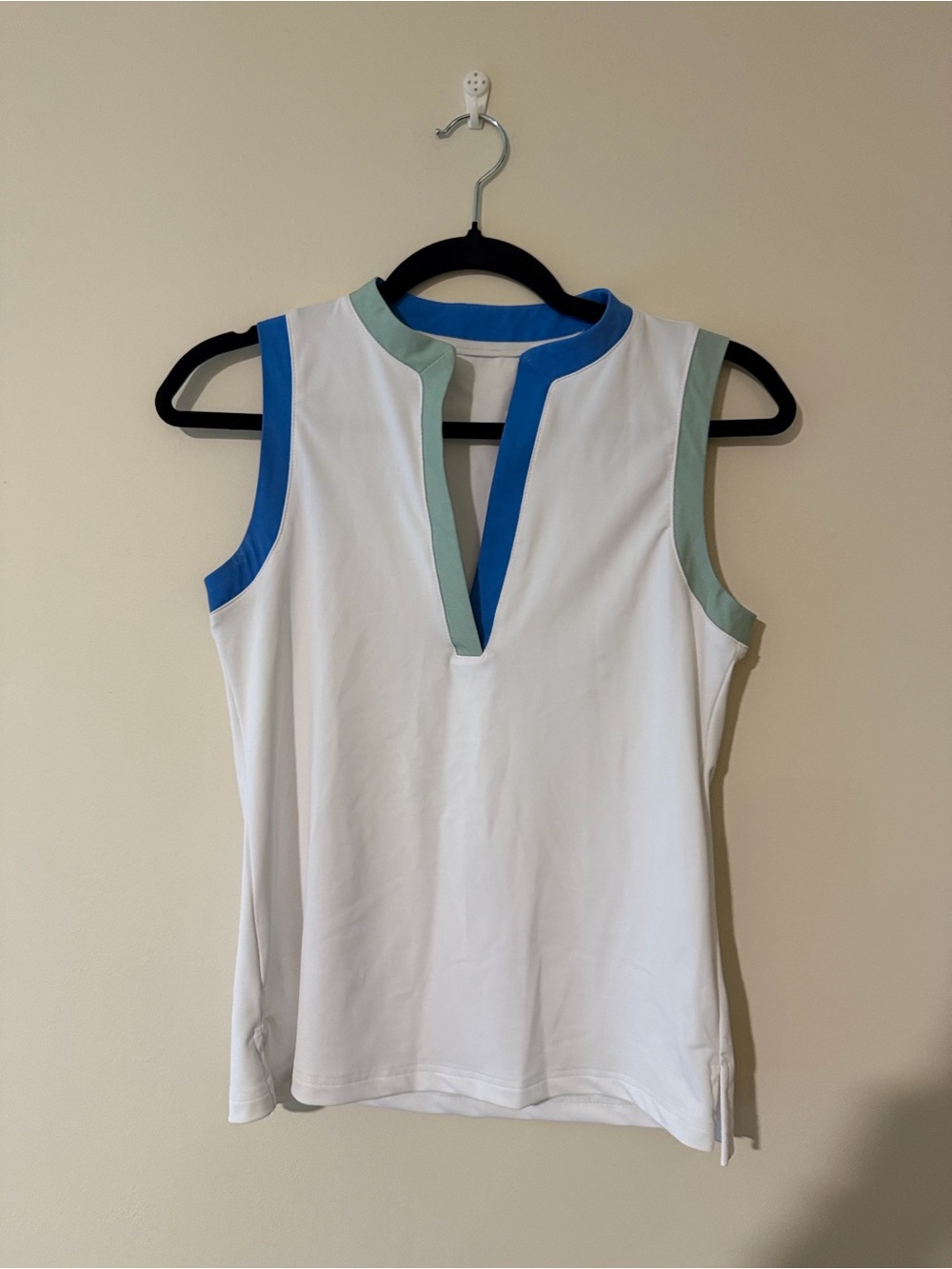 Smith & Quinn White Sleeveless V-Neck Tank with Blue and Sage Trim